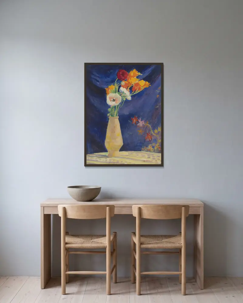 Vase D’anémones Sur Fond Bleu av Henri Lebasque inramad på en vägg