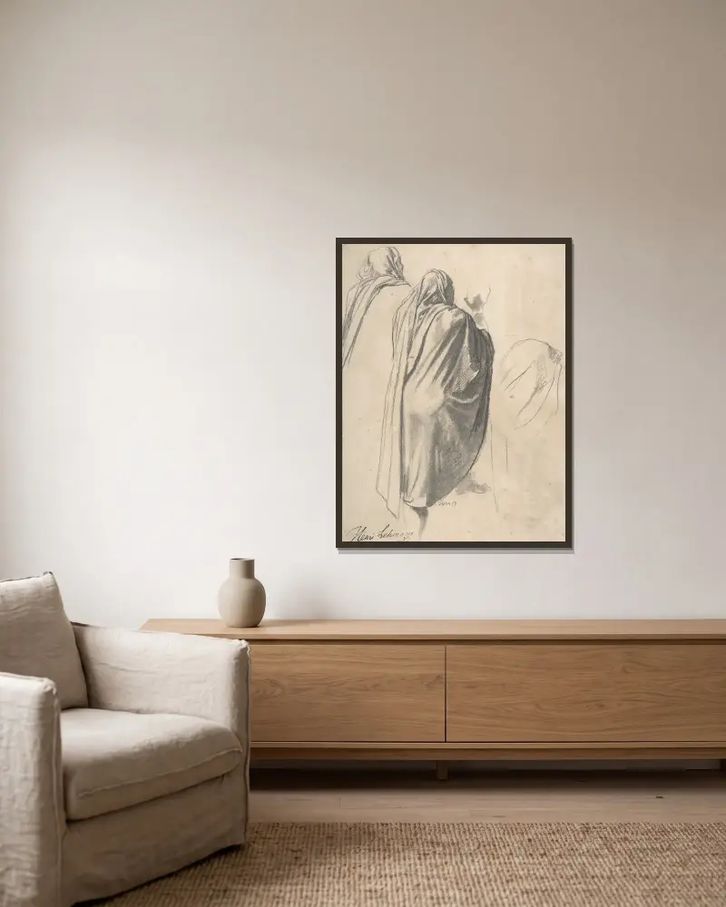 Ryggvy av manlig figur med mantel av Henri Lehmann inramad på en vägg