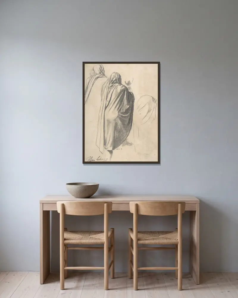 Ryggvy av manlig figur med mantel av Henri Lehmann inramad på en vägg