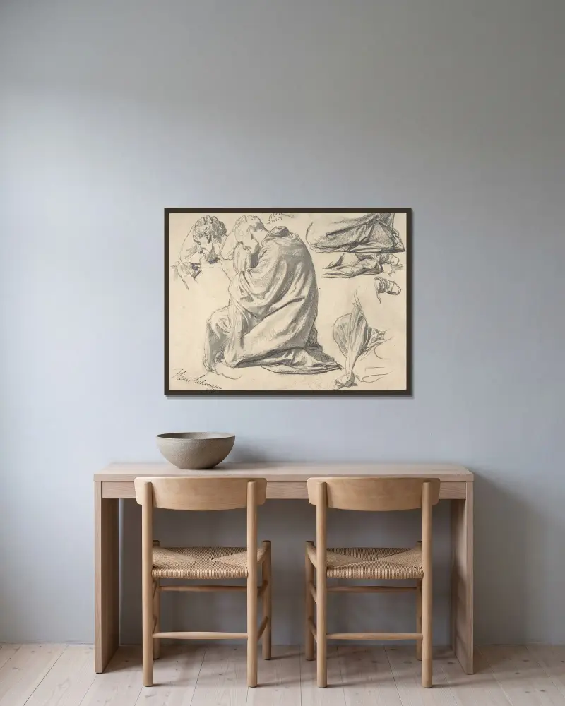 Knästående draperad mansfigur, vänd åt vänster av Henri Lehmann inramad på en vägg