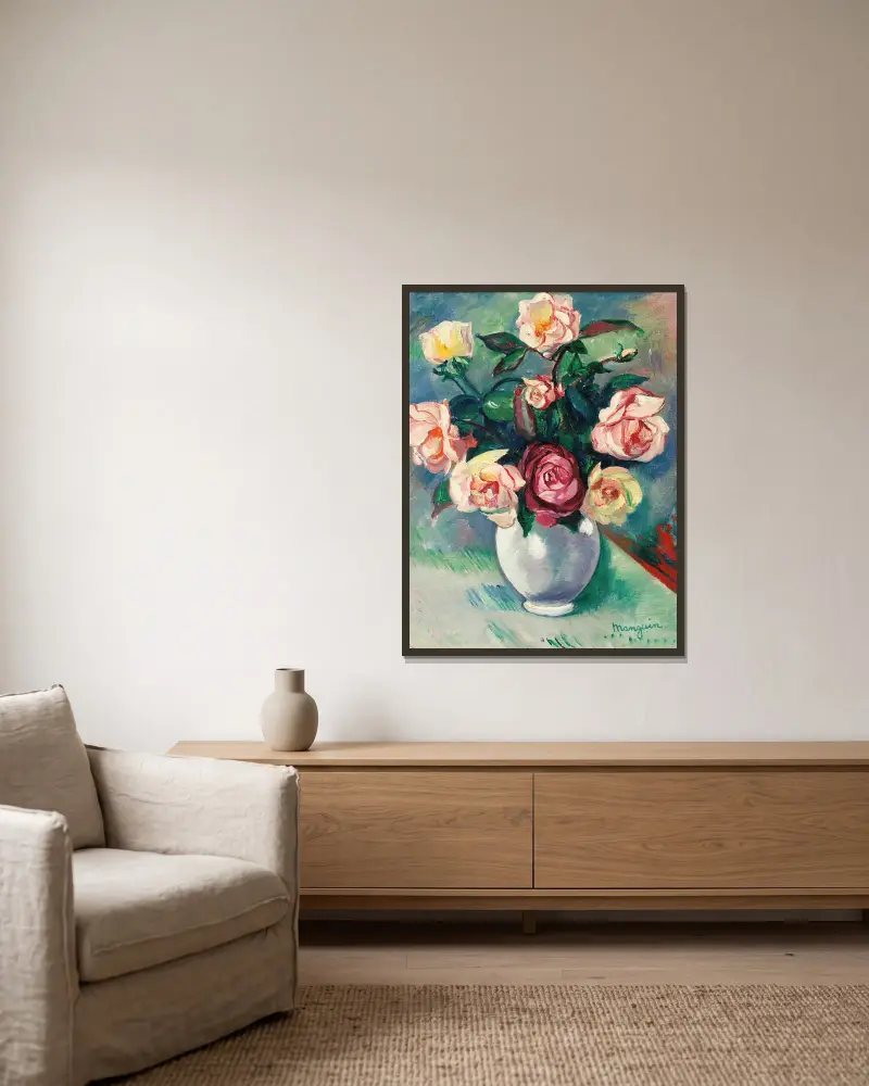Rosenstrauß in weißer Vase von Henri Manguin gerahmt an einer Wand