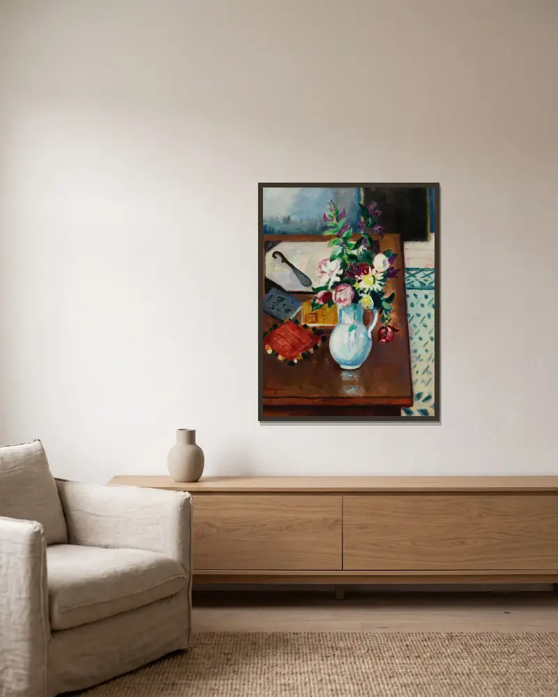 Coin de table, fleurs roses av Henri Manguin inramad på en vägg
