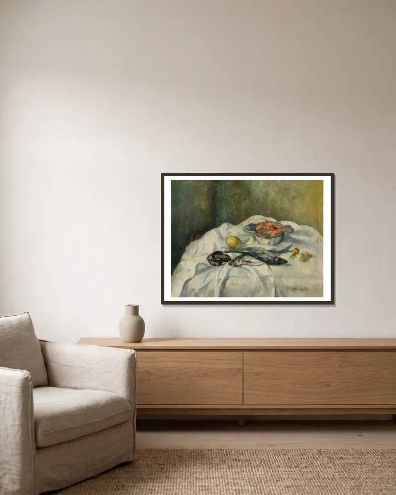 Heringe und Garnelen von Henri Manguin gerahmt an einer Wand