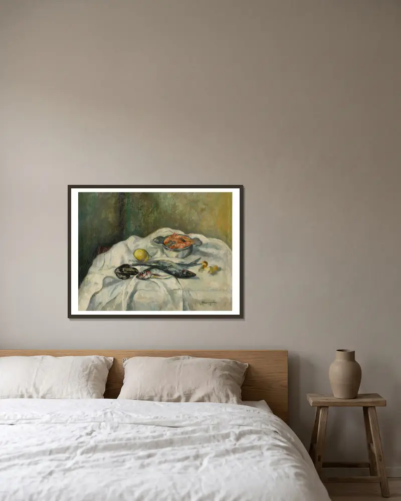 Heringe und Garnelen von Henri Manguin gerahmt an einer Wand