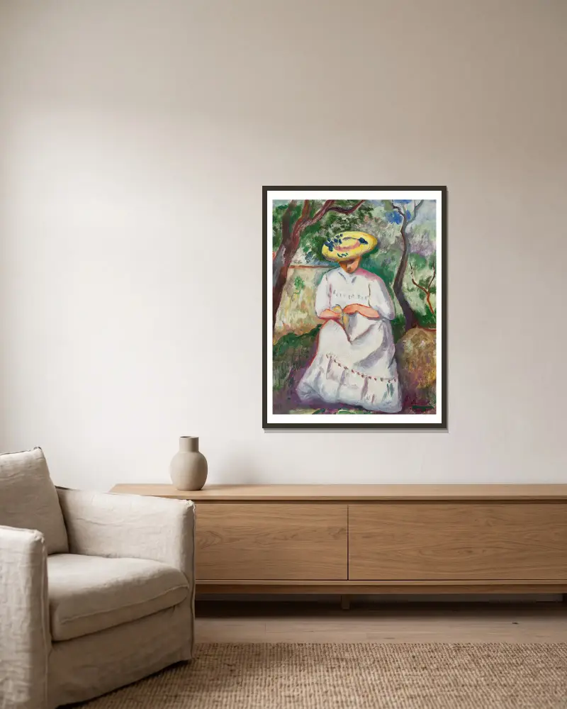 Jeanne nähend unter einer Korkeiche, Villa Demière von Henri Manguin gerahmt an einer Wand