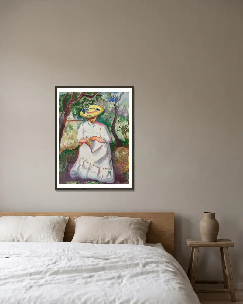 Jeanne nähend unter einer Korkeiche, Villa Demière von Henri Manguin gerahmt an einer Wand