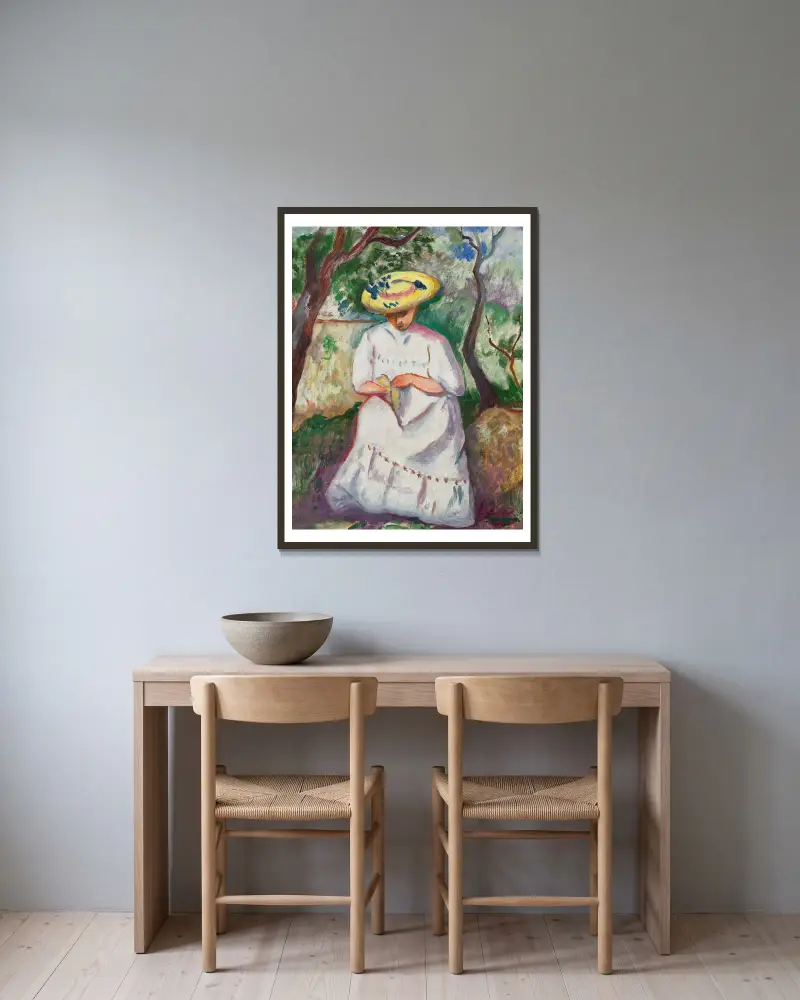 Jeanne nähend unter einer Korkeiche, Villa Demière von Henri Manguin gerahmt an einer Wand