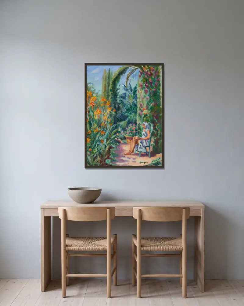 Odette i trädgården till L'Oustalet av Henri Manguin inramad på en vägg
