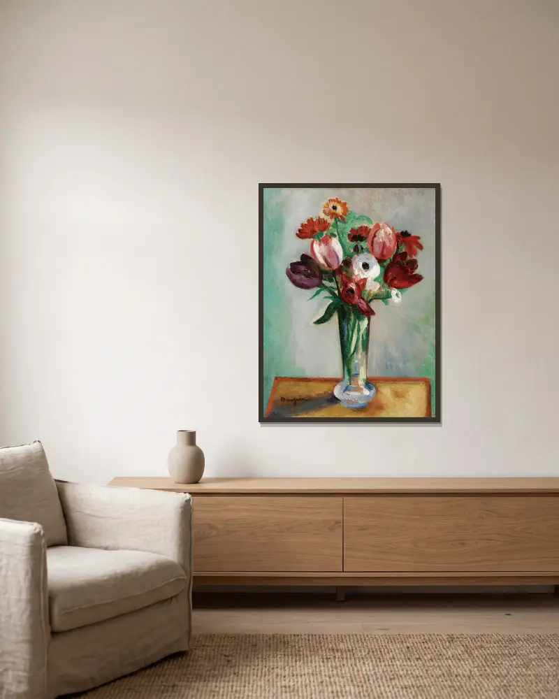 Tulpen und Ranunkeln von Henri Manguin gerahmt an einer Wand