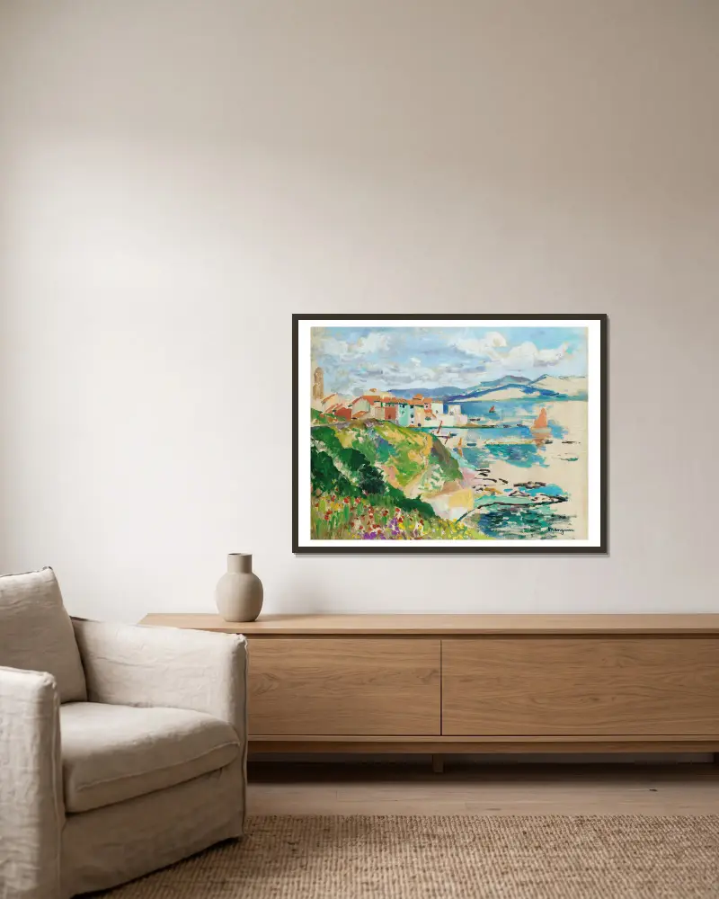 Blick auf La Ponche, Saint-Tropez von Henri Manguin gerahmt an einer Wand