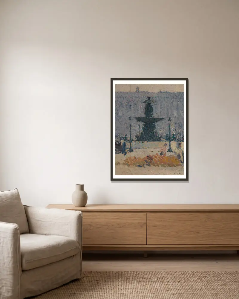 En av fontänerna på Place de la Concorde i Paris av Henri Martin inramad på en vägg