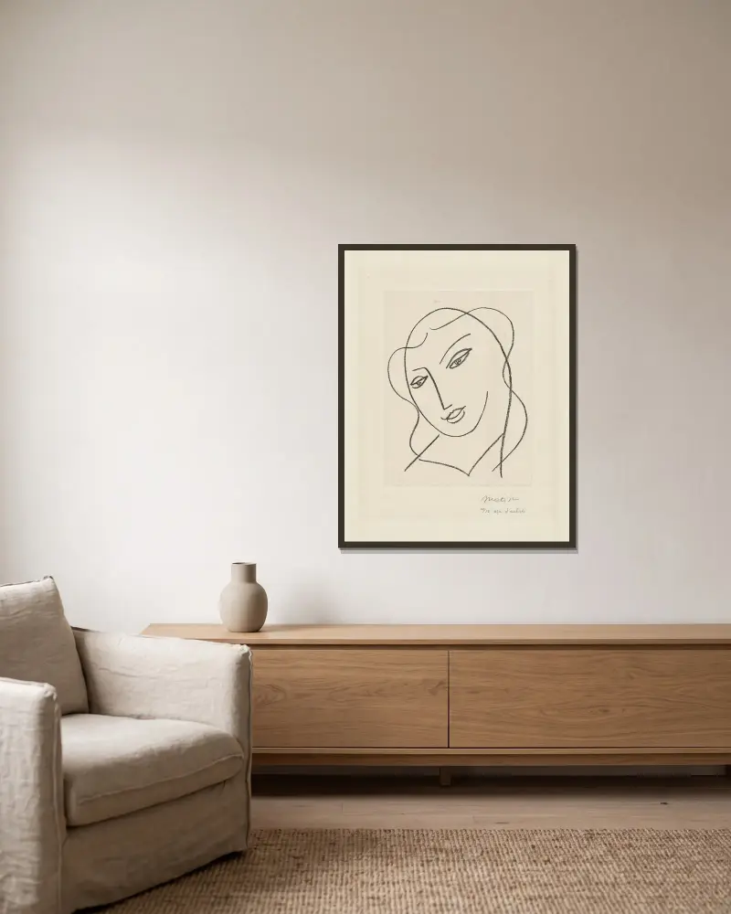 Studie för Jungfrun ”Beslöjat huvud” – för kapellet i Vence, 1950 – nr 4 av Henri Matisse inramad på en vägg