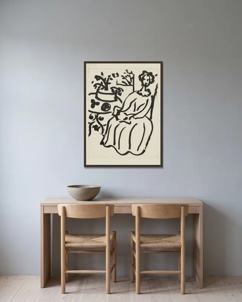 Marie-José i gul klänning, 1950 – nr 2 av Henri Matisse inramad på en vägg