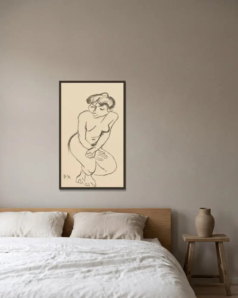 Hukande naken med nedslagna ögon av Henri Matisse inramad på en vägg