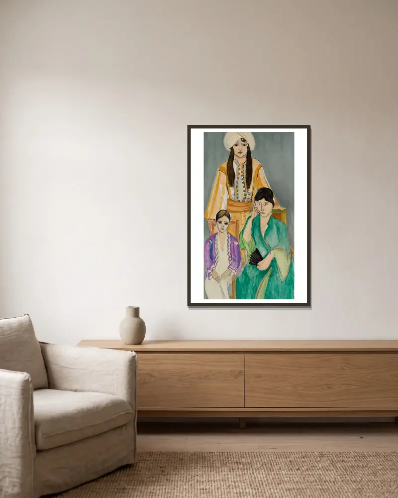 Drei Schwestern vor grauem Hintergrund von Henri Matisse gerahmt an einer Wand