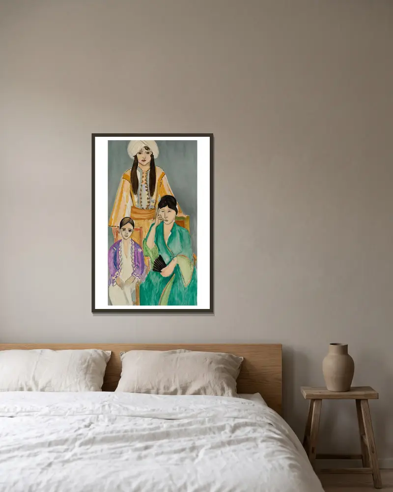 Drei Schwestern vor grauem Hintergrund von Henri Matisse gerahmt an einer Wand