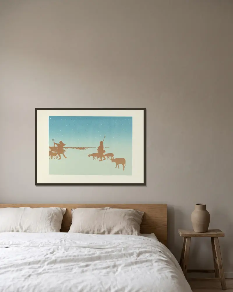Die Hirten (Suite) von Henri Rivière gerahmt an einer Wand