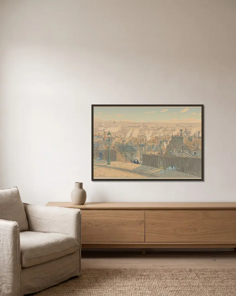 Pariser Landschaften; Paris vom Montmartre aus gesehen von Henri Rivière gerahmt an einer Wand