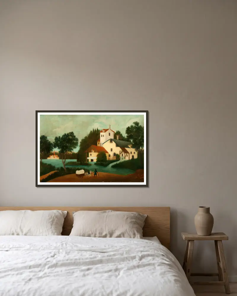 Landscape with Watermill av Henri Rousseau inramad på en vägg
