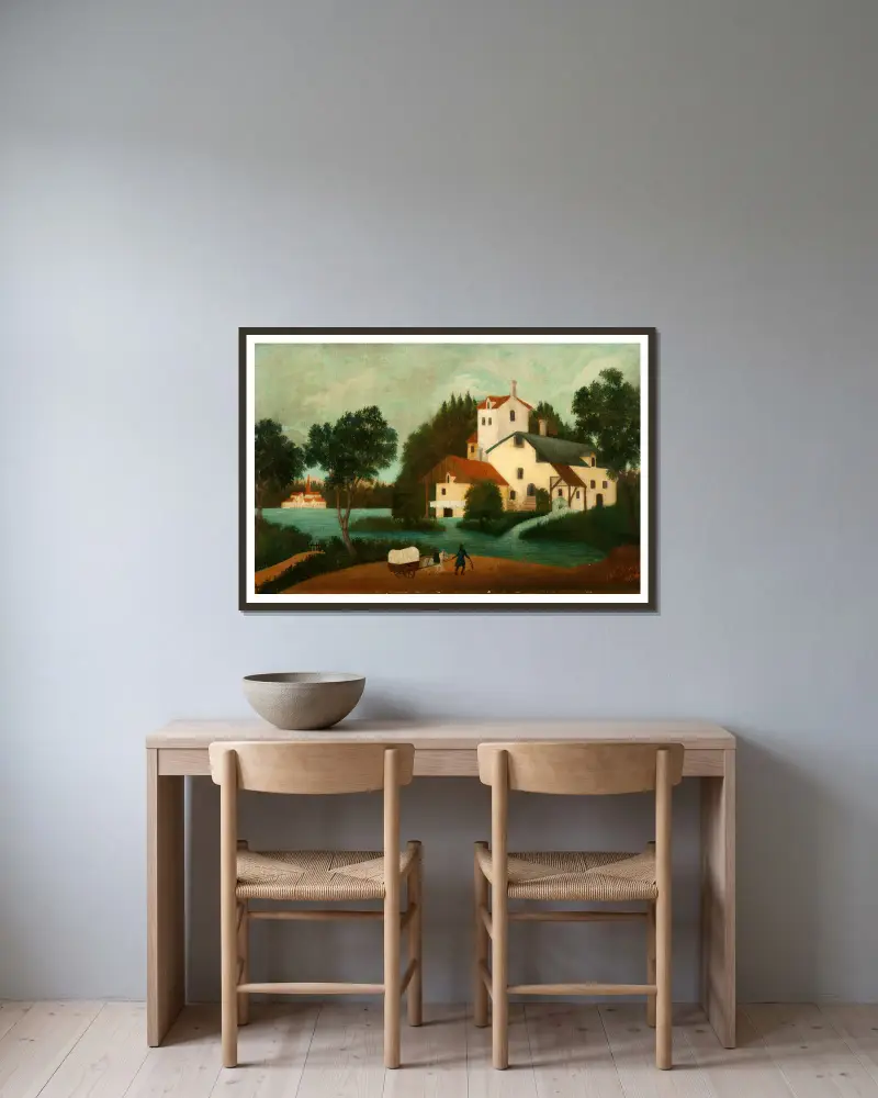 Landscape with Watermill av Henri Rousseau inramad på en vägg