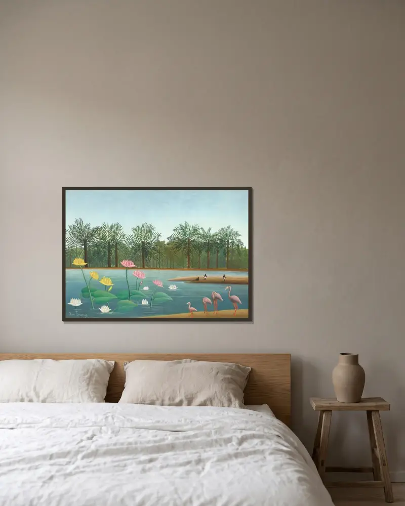Les Flamants av Henri Rousseau inramad på en vägg