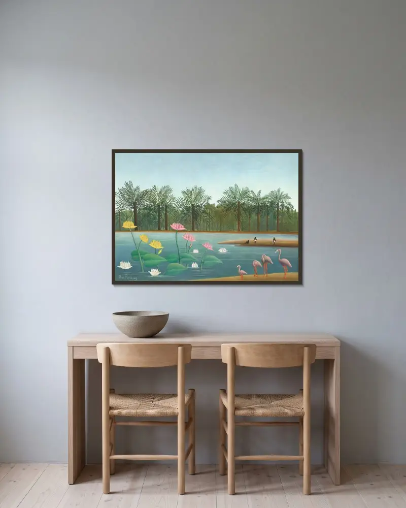 Les Flamants av Henri Rousseau inramad på en vägg
