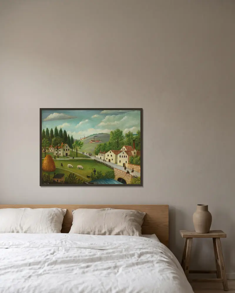 Pastorale Landschaft mit Bach, Fischer und Flanierenden von Henri Rousseau gerahmt an einer Wand