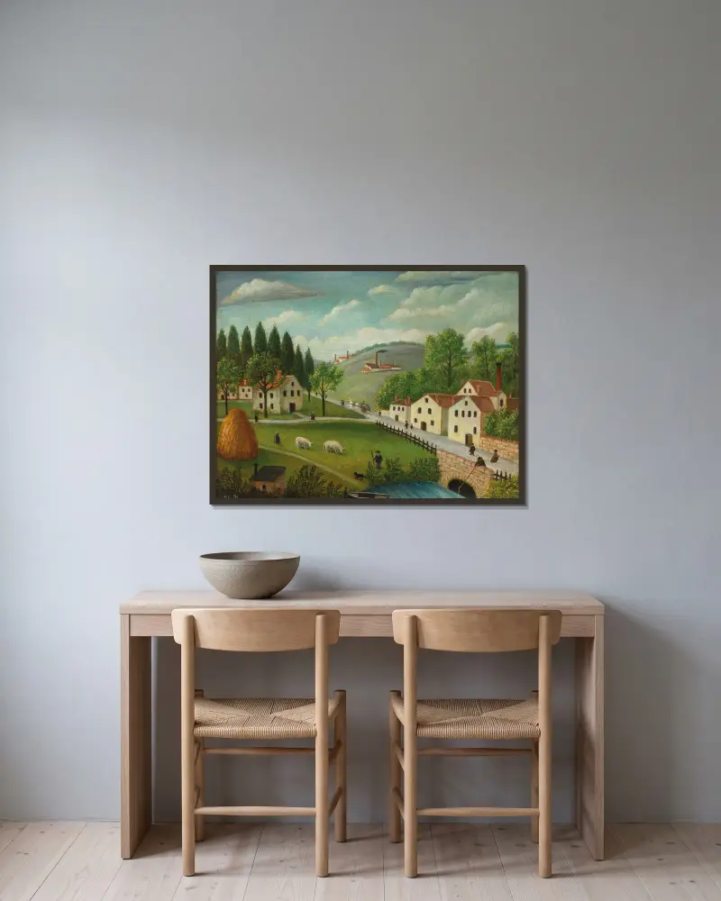 Pastorale Landschaft mit Bach, Fischer und Flanierenden von Henri Rousseau gerahmt an einer Wand