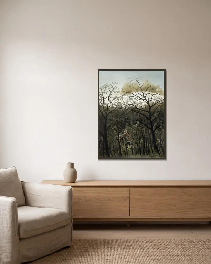 Rendezvous in the Forest av Henri Rousseau inramad på en vägg