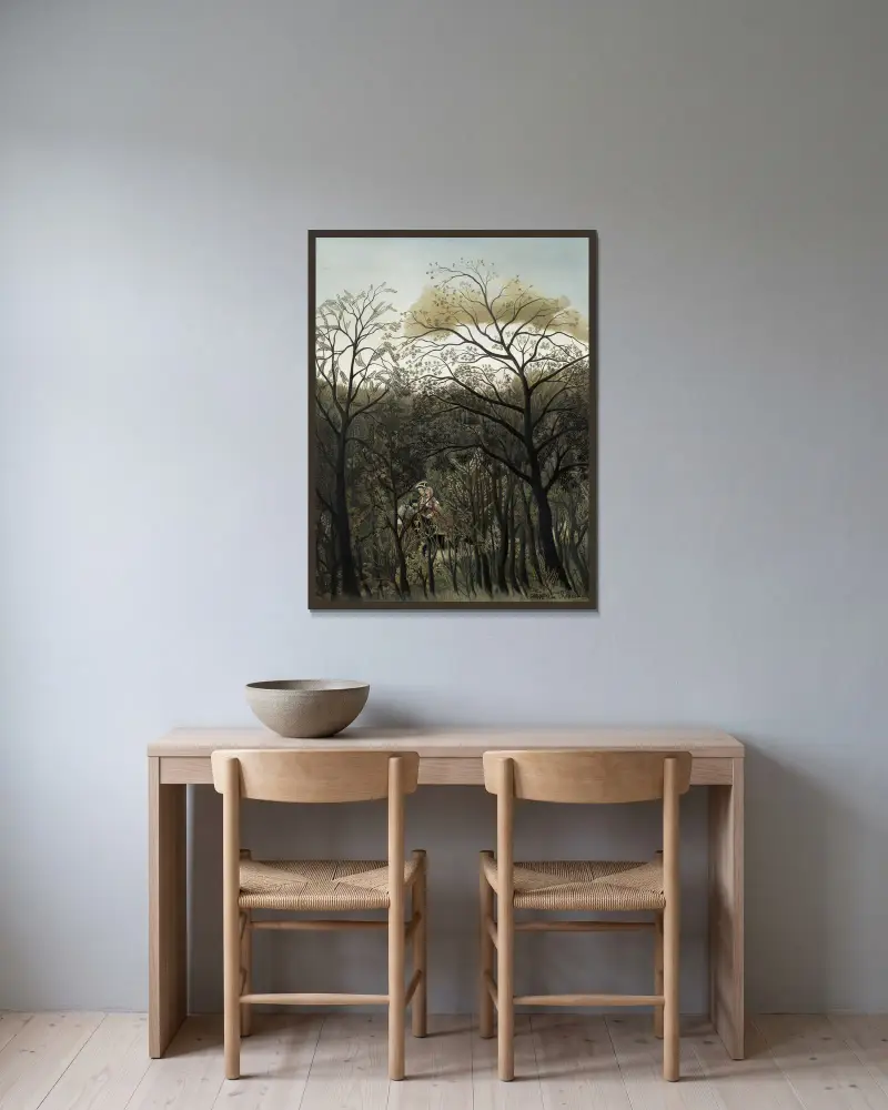 Rendezvous in the Forest av Henri Rousseau inramad på en vägg