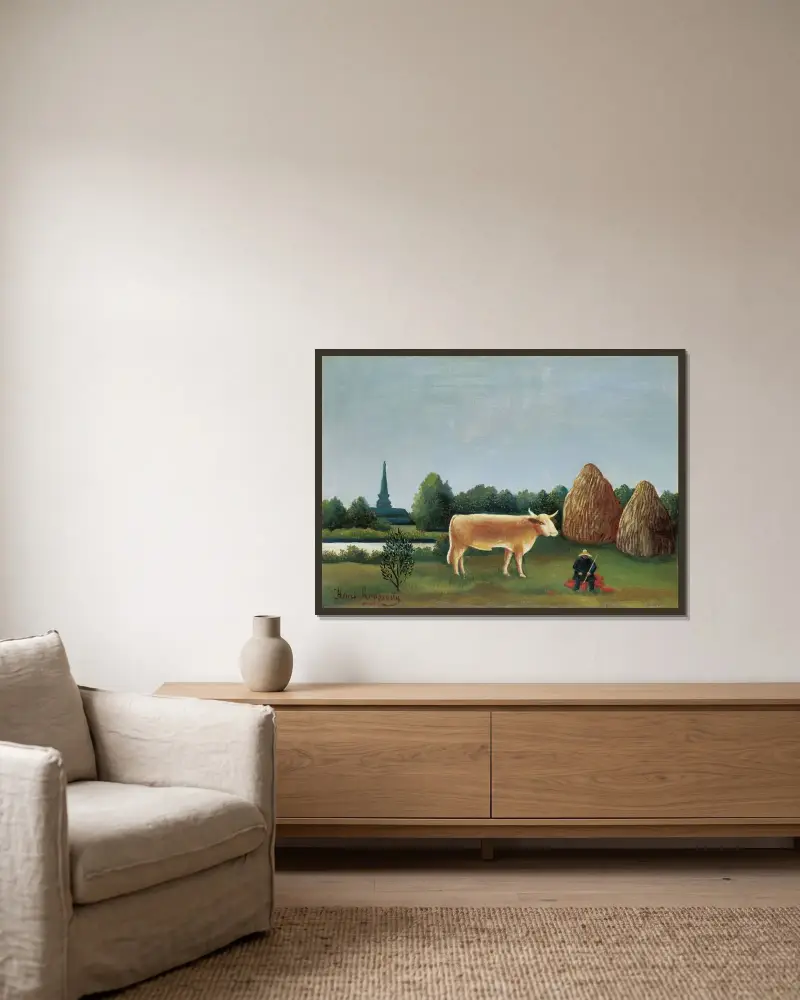 Scen i Bagneux i utkanten av Paris av Henri Rousseau inramad på en vägg