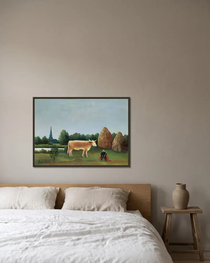 Scen i Bagneux i utkanten av Paris av Henri Rousseau inramad på en vägg