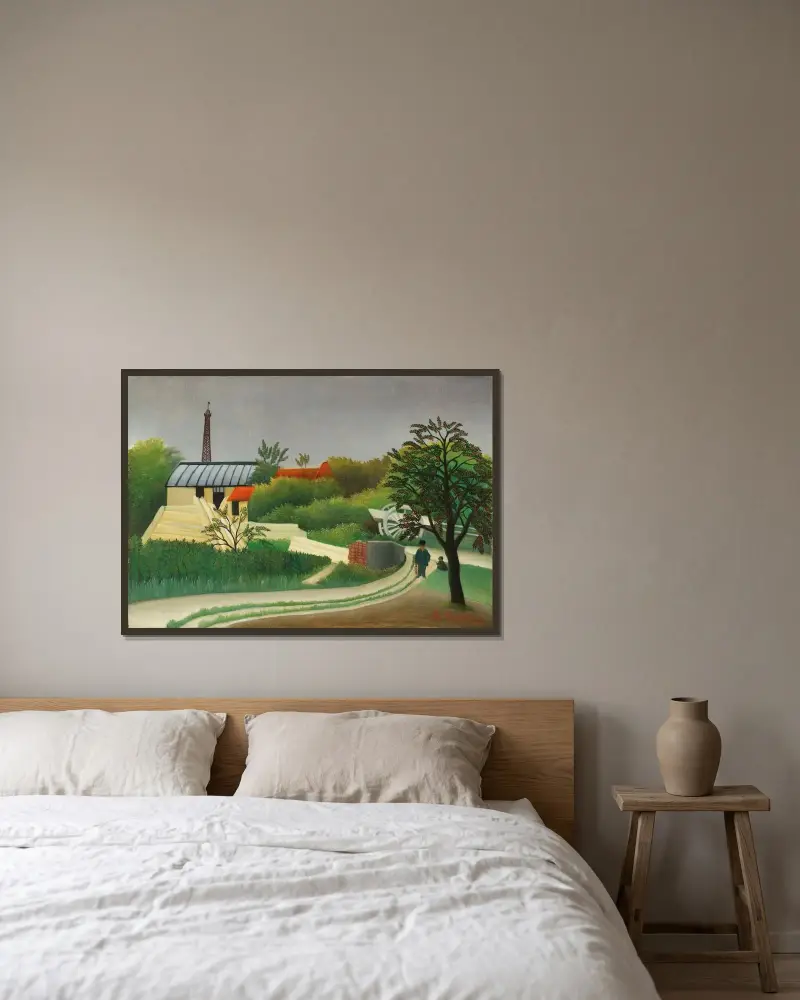 Sågverk i närheten av Paris av Henri Rousseau inramad på en vägg