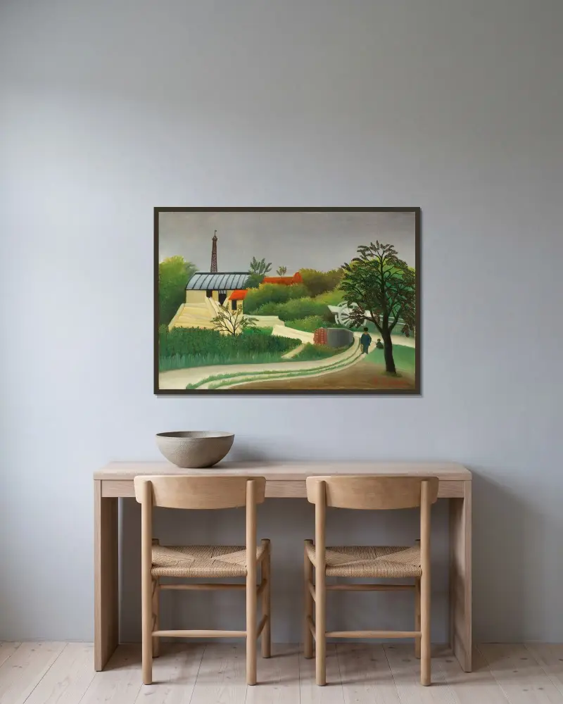 Sågverk i närheten av Paris av Henri Rousseau inramad på en vägg
