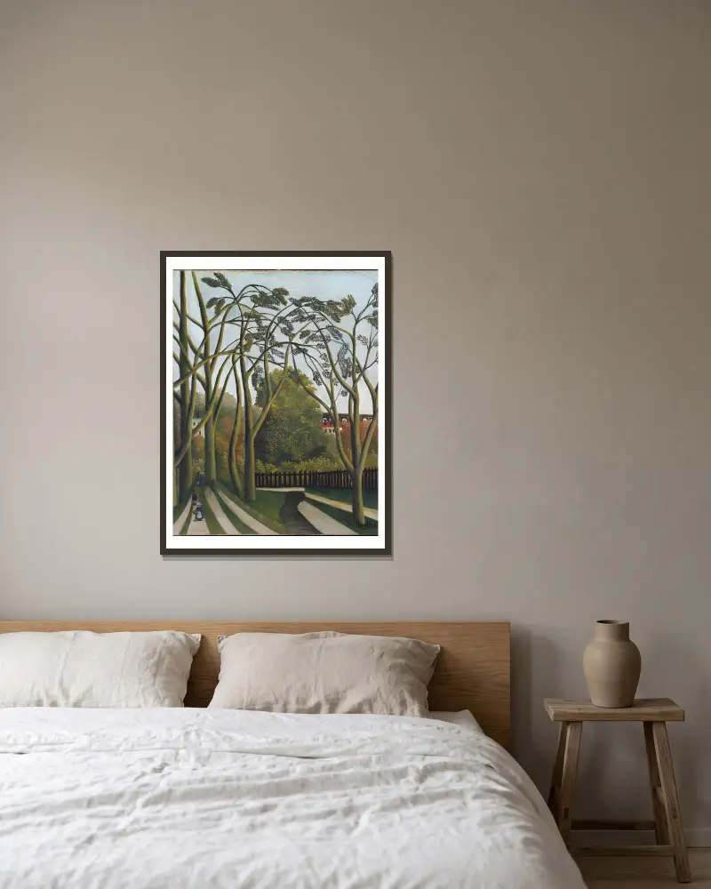 Stränderna vid Bièvre nära Bicêtre av Henri Rousseau inramad på en vägg