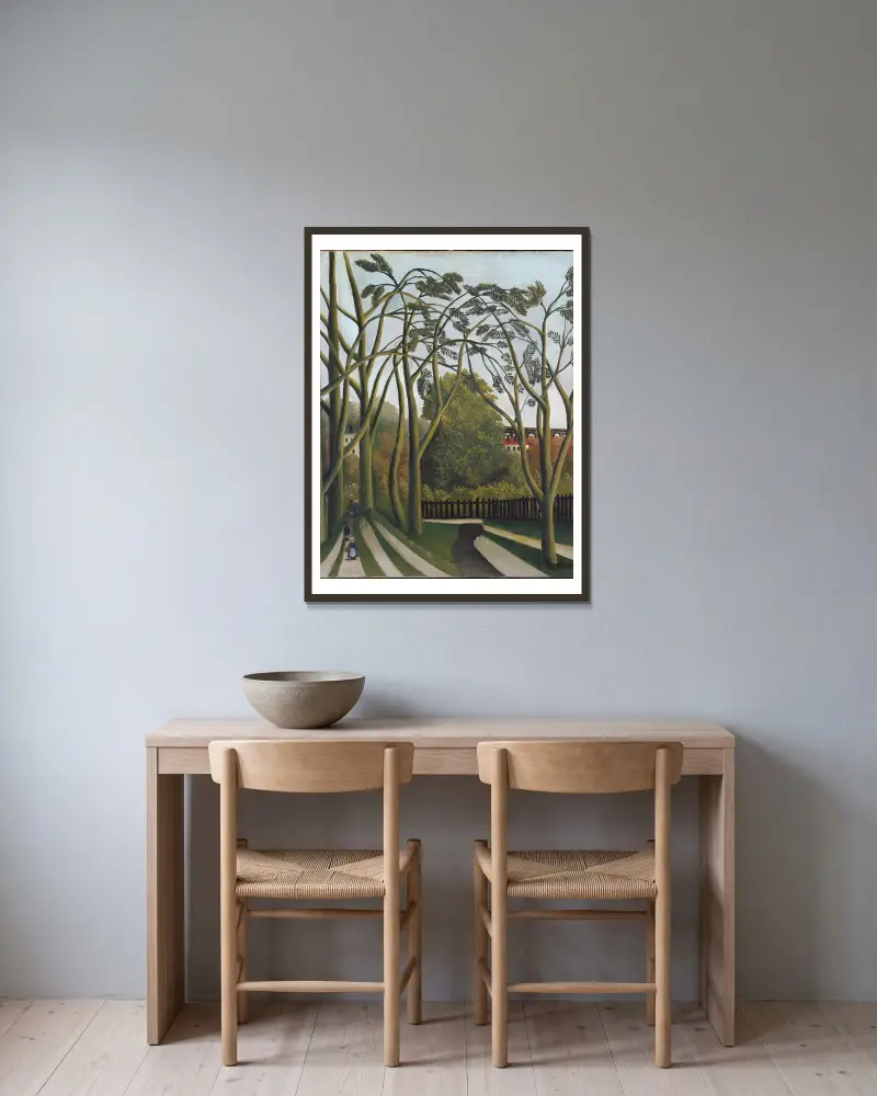 Stränderna vid Bièvre nära Bicêtre av Henri Rousseau inramad på en vägg