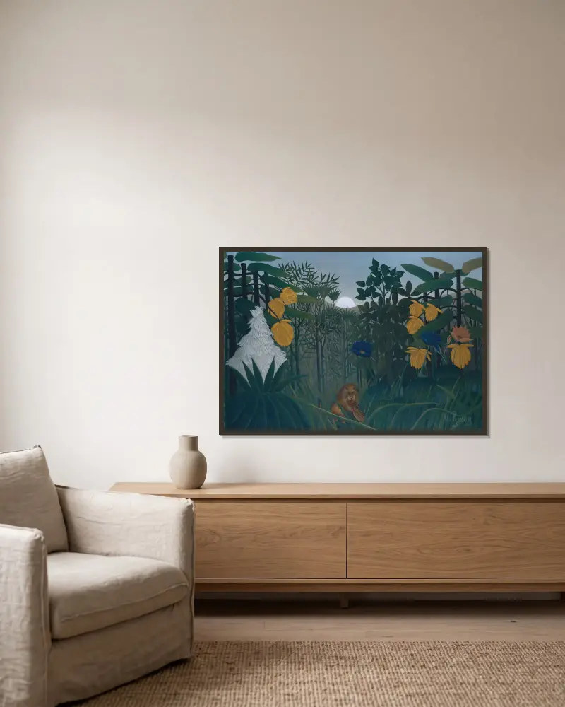 Lejonets måltid av Henri Rousseau inramad på en vägg