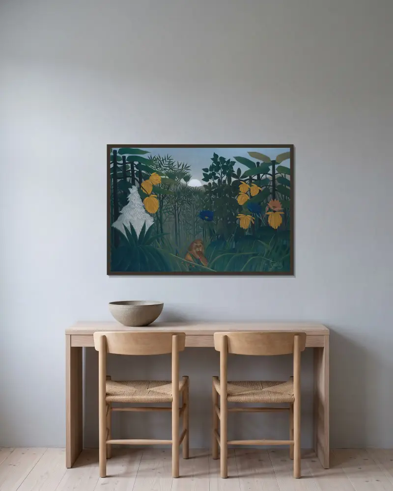 Lejonets måltid av Henri Rousseau inramad på en vägg
