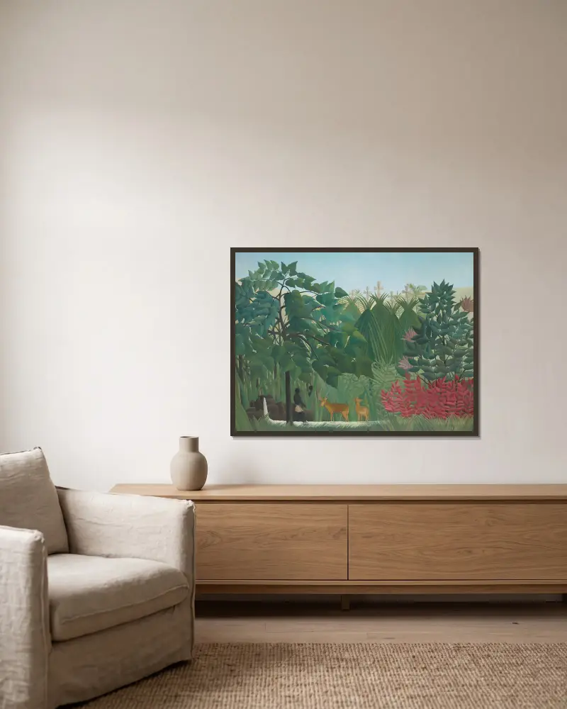 The Waterfall av Henri Rousseau inramad på en vägg