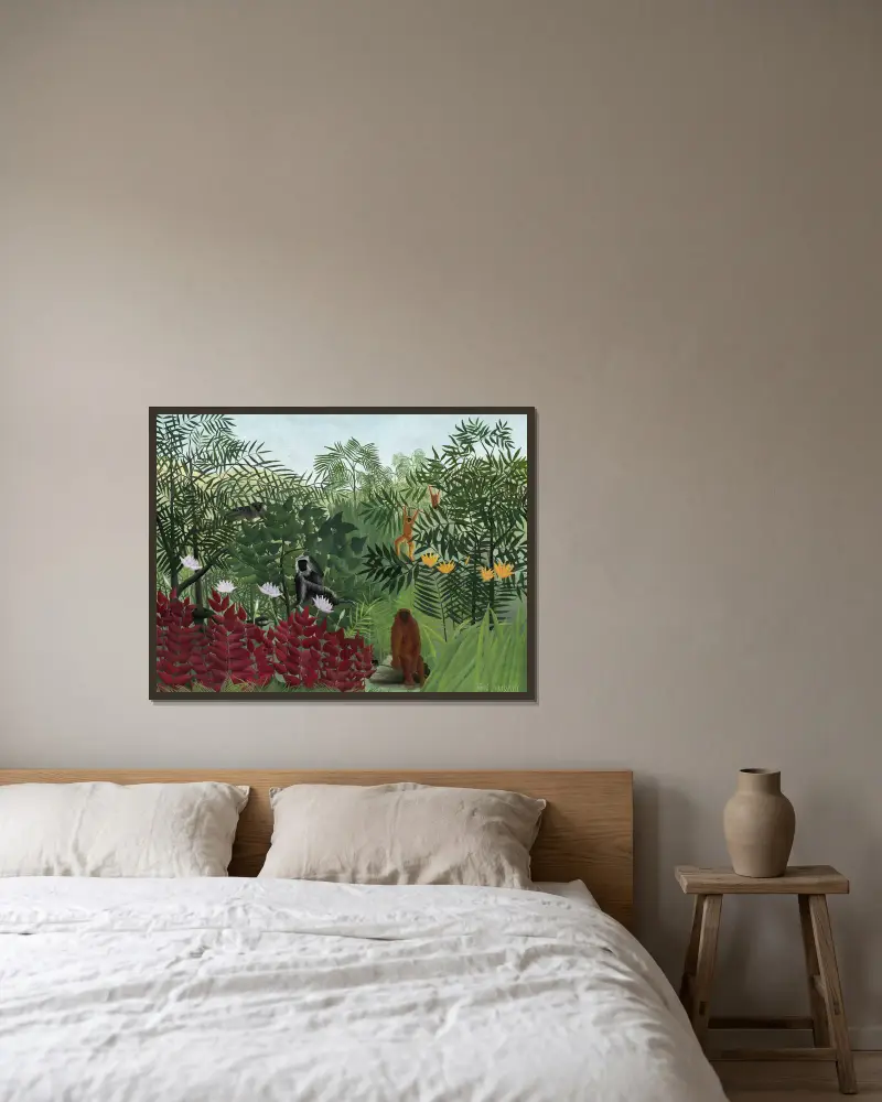 Tropical Forest with Monkeys av Henri Rousseau inramad på en vägg