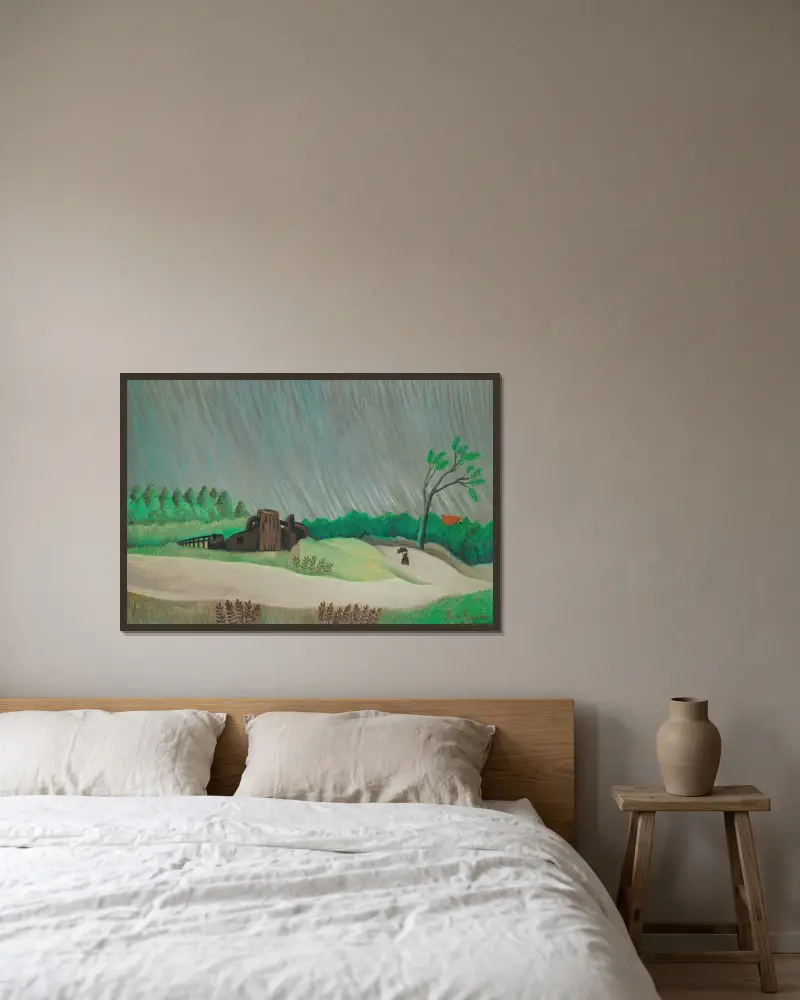 En regnig morgon, 1896 av Henri Rousseau inramad på en vägg