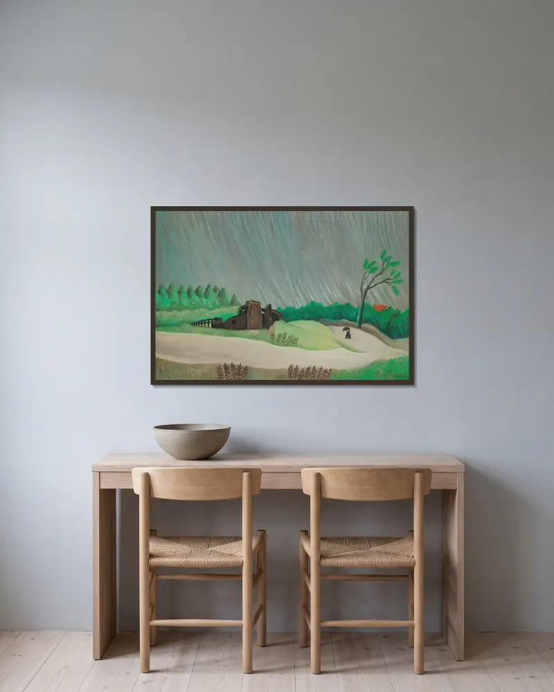 En regnig morgon, 1896 av Henri Rousseau inramad på en vägg
