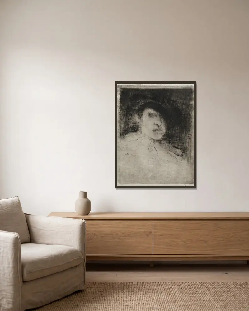 Selbstporträt im Kostüm von Otto Henry Bacher gerahmt an einer Wand