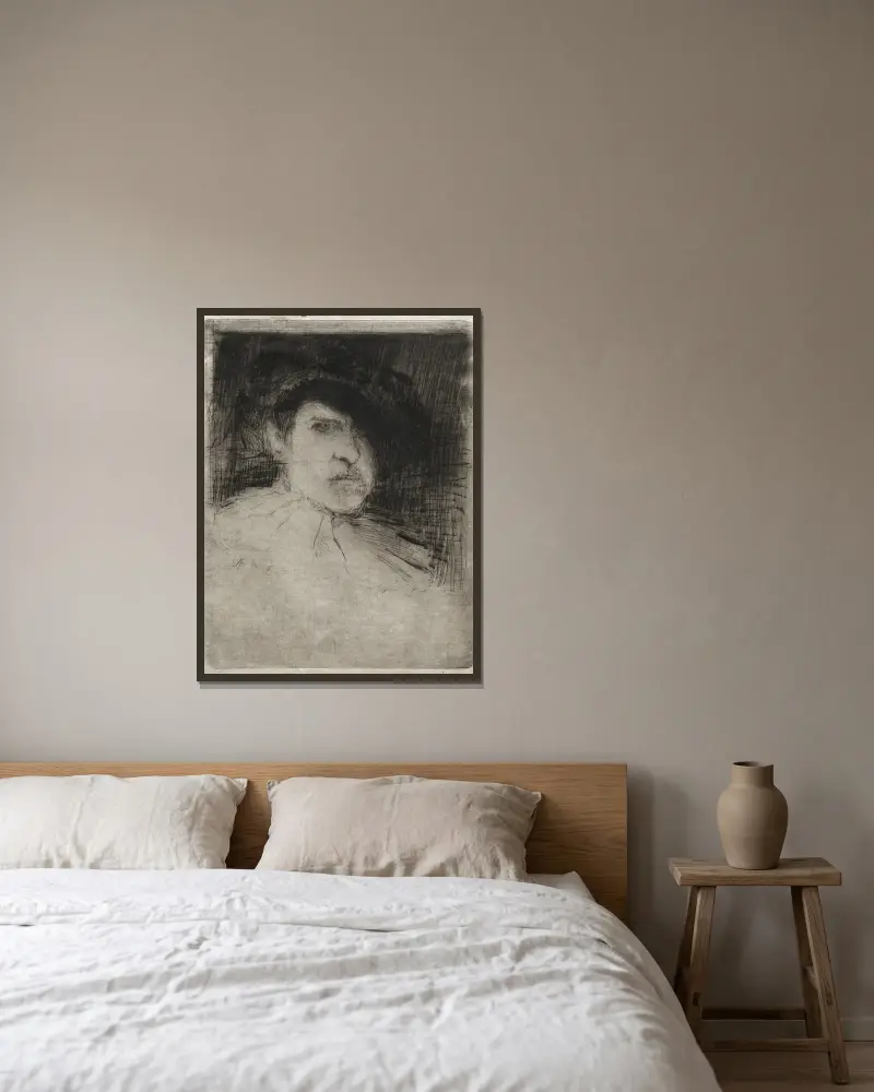 Selbstporträt im Kostüm von Otto Henry Bacher gerahmt an einer Wand