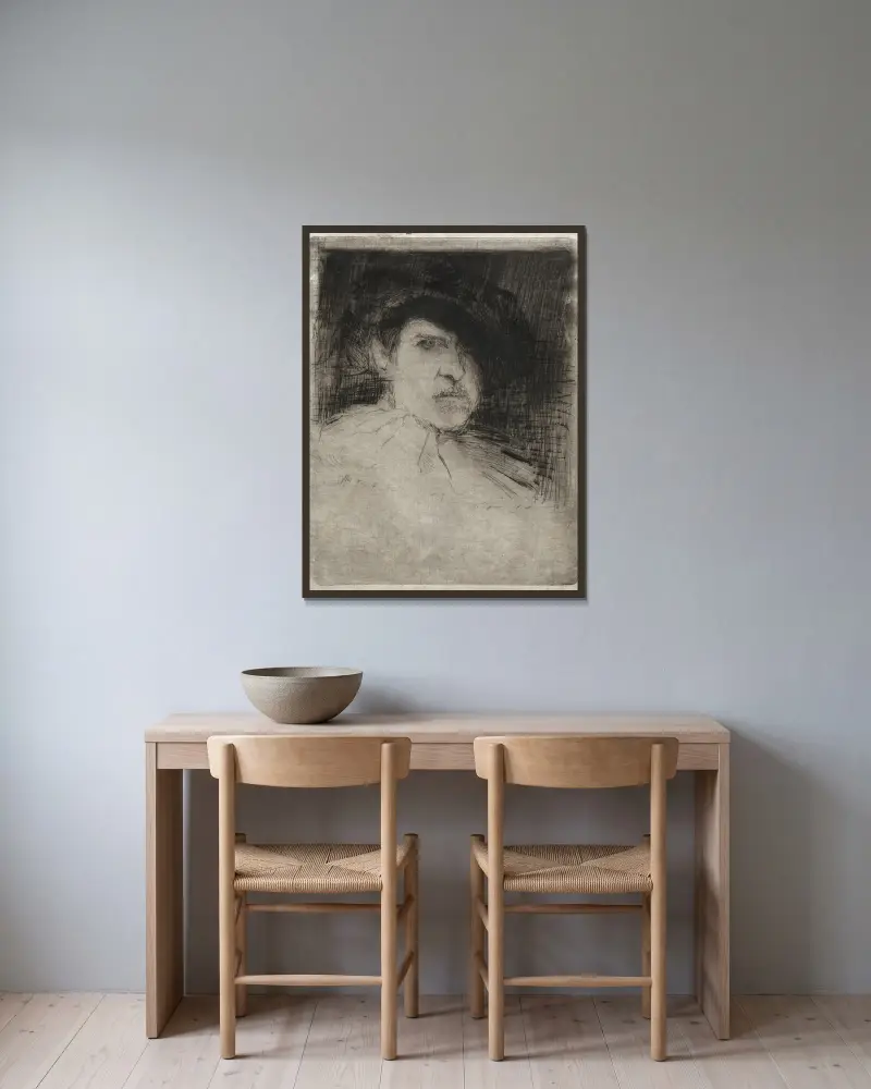 Selbstporträt im Kostüm von Otto Henry Bacher gerahmt an einer Wand