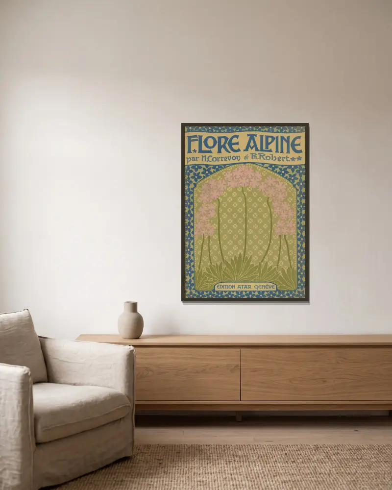 La flore alpine – cover av Henry Correvon inramad på en vägg