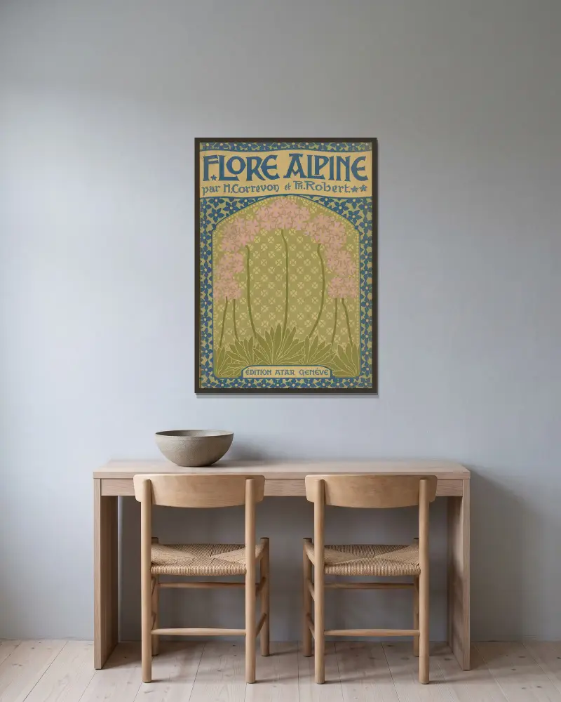 La flore alpine – cover av Henry Correvon inramad på en vägg
