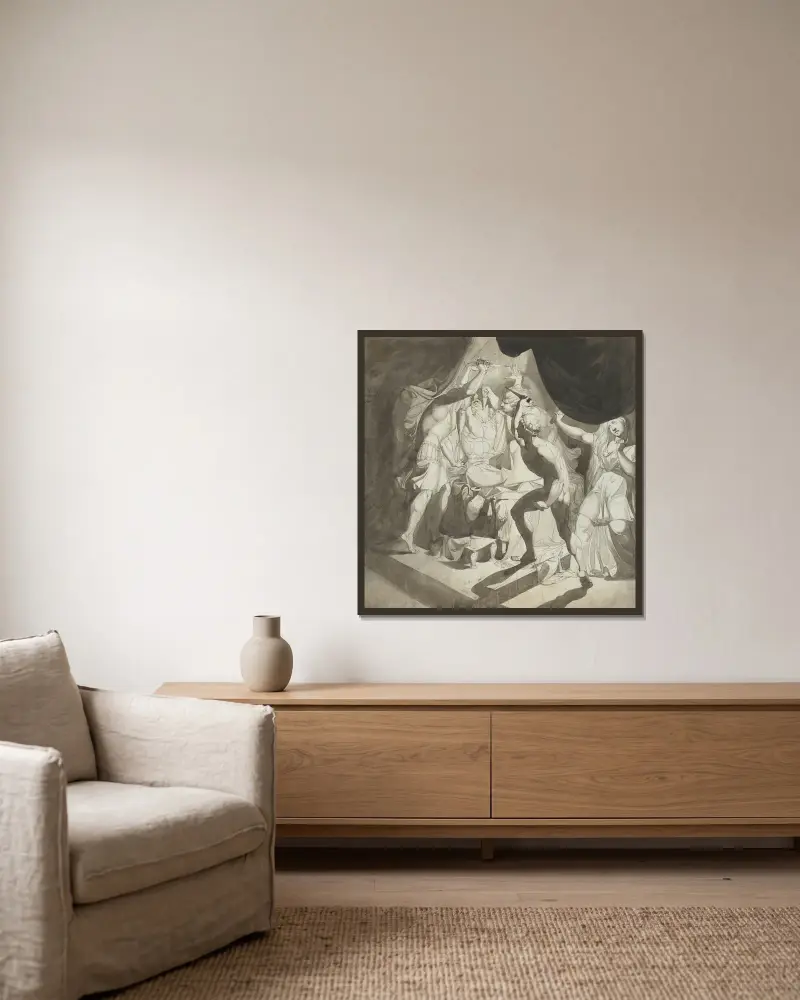 En gammal man mördad av tre yngre män av Henry Fuseli inramad på en vägg