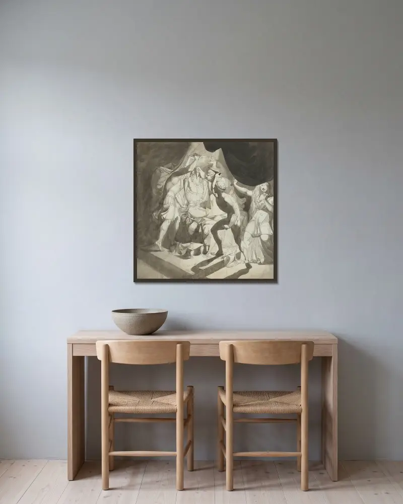En gammal man mördad av tre yngre män av Henry Fuseli inramad på en vägg