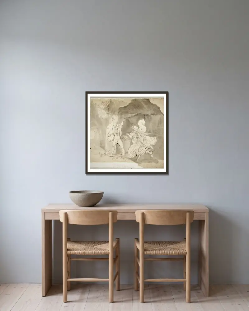 Macbeth und die Hexen von Henry Fuseli gerahmt an einer Wand
